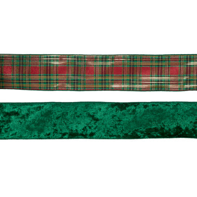 10 CM DOUBLE-SIDED GREEN AND TARTAN VELVET RIBBON