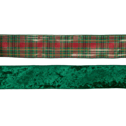 10 CM DOUBLE-SIDED GREEN AND TARTAN VELVET RIBBON