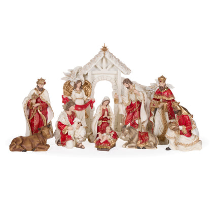 11 PIECE RED AND GOLD NATIVITY SCENE