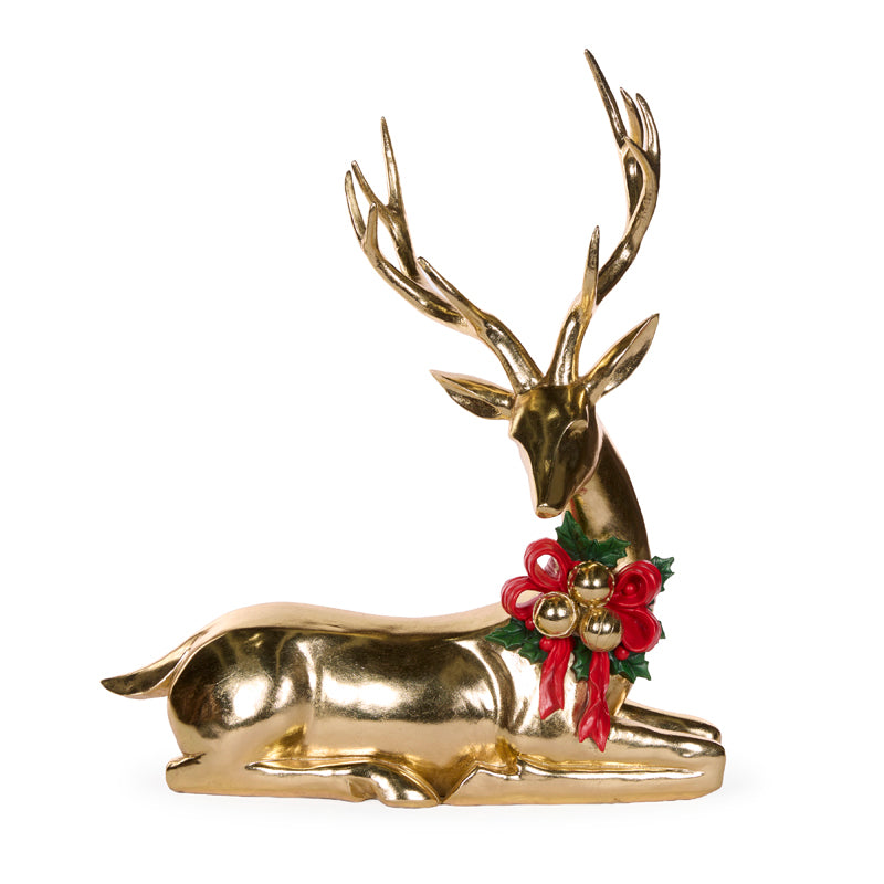 57 CM SITTING GOLD REINDEER WITH HOLLY GARLAND