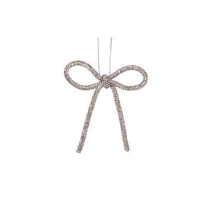9 CM SILVER BEADED BOW ORNAMENT