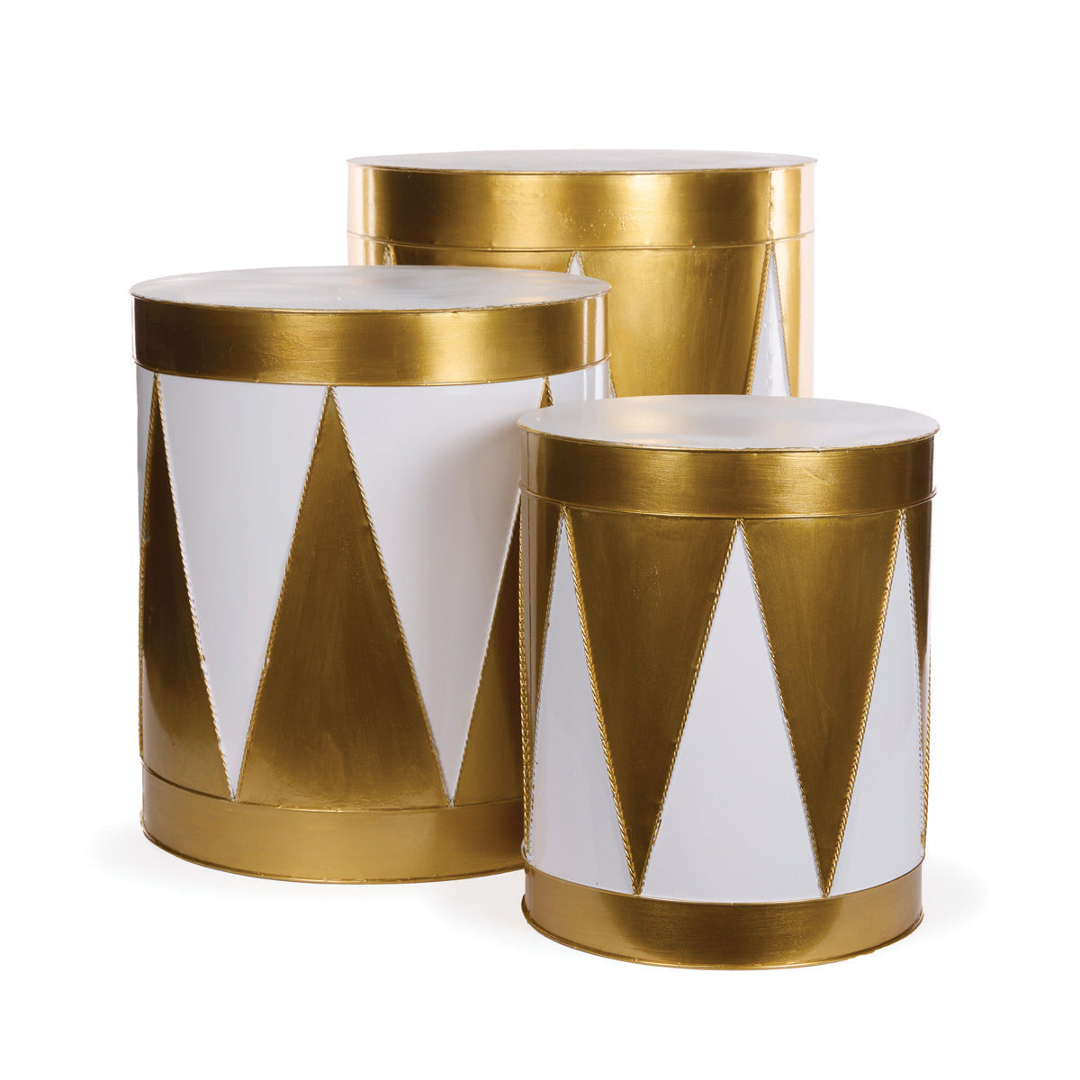SET/3 GOLD AND WHITE HARLEQUIN DRUMS