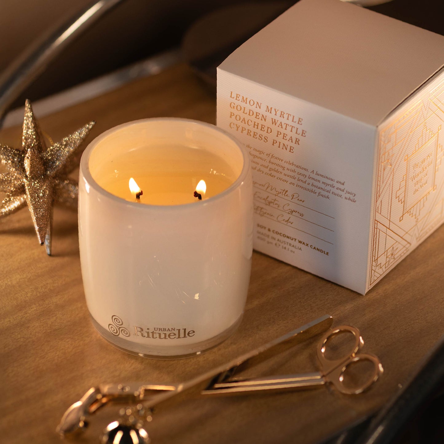 Lemon Myrtle, Golden Wattle, Poached Pear, Cypress Pine Scented Soy Candle | 400gm