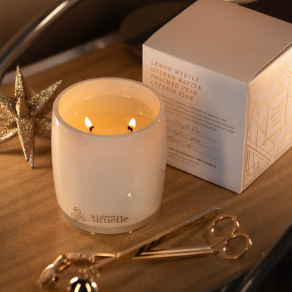 Lemon Myrtle, Golden Wattle, Poached Pear, Cypress Pine Scented Soy Candle | 400gm