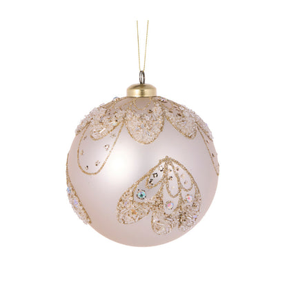 12cm Matte Champagne Piped Glittered Bauble