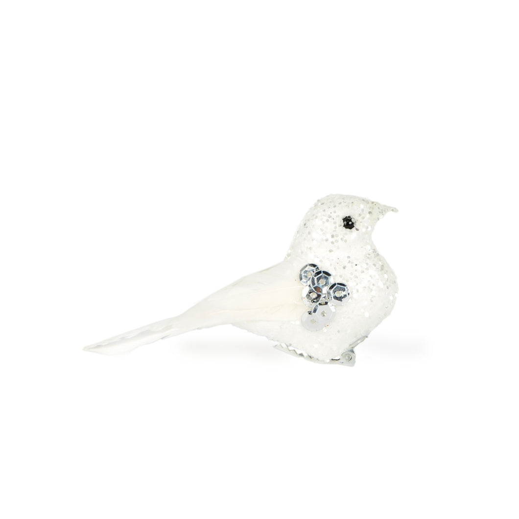 Mini White Glitter Clip Bird